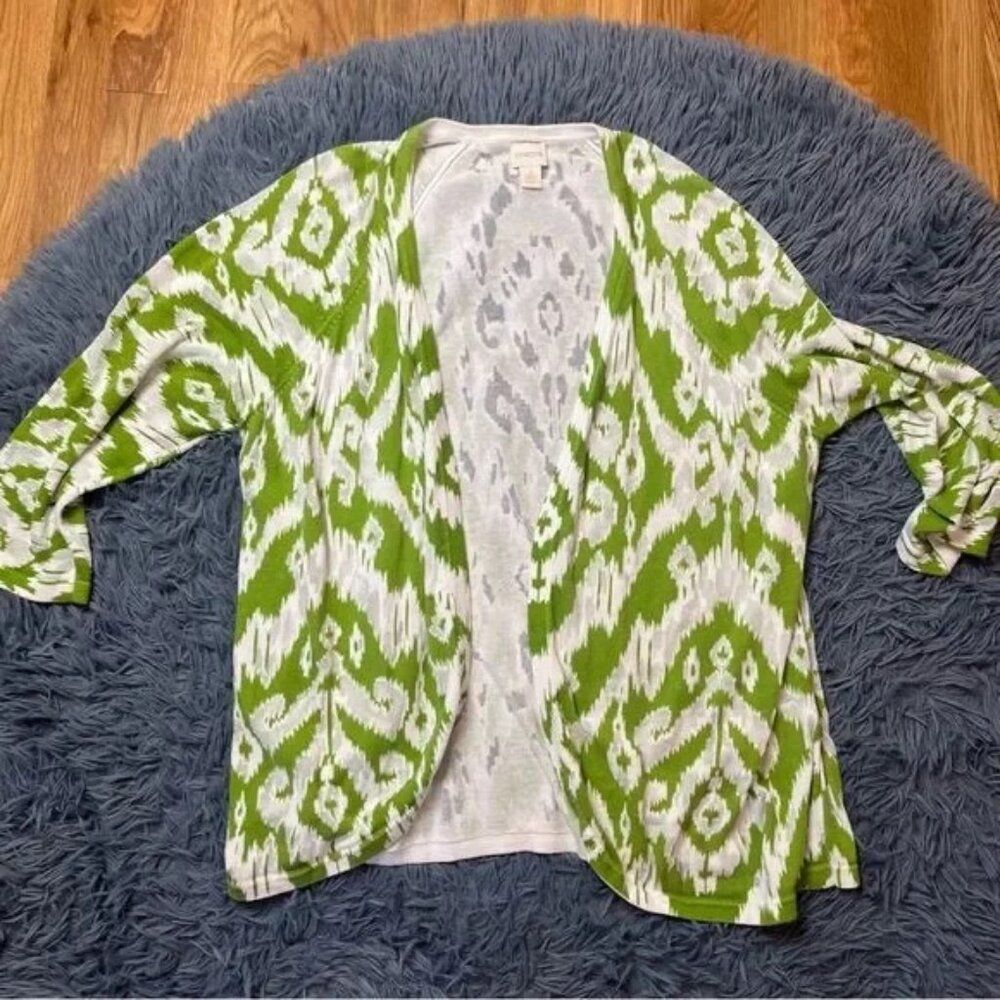 Chicos Green Abstract Open Front 3/4 Length Sleeve Lightweight Cardigan Size XL